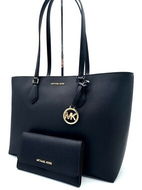 Michael Kors Bag Large Sheila Mf Tote Bag & Large Trifold Wallet Black/Gold